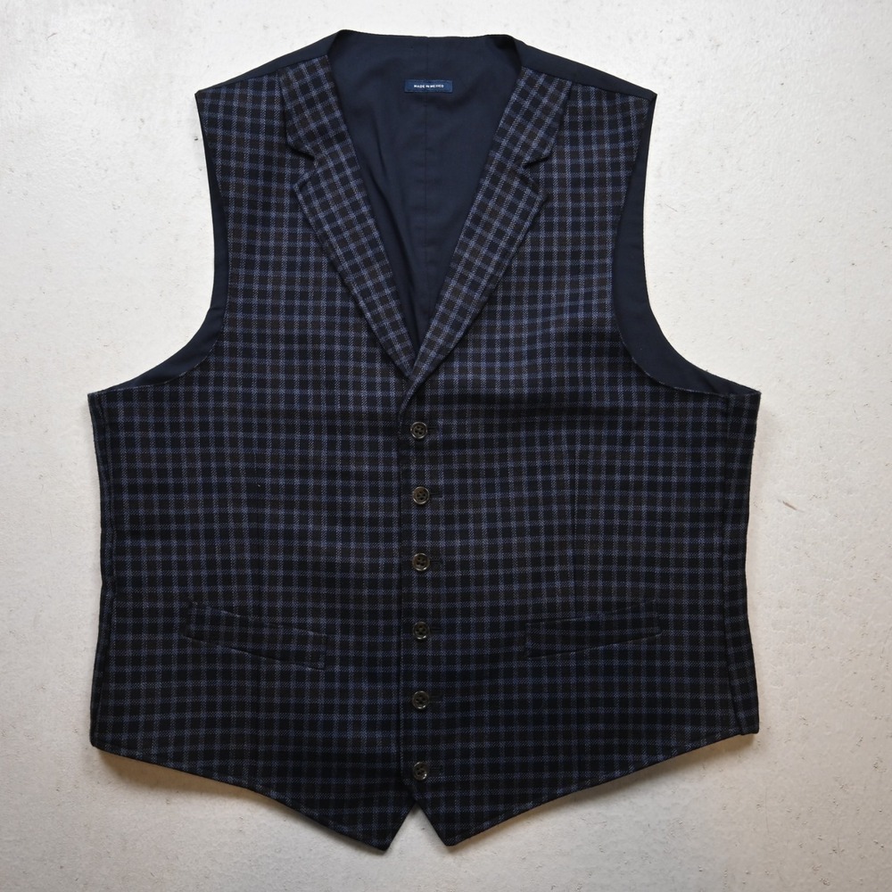 Stafford 44R Large Blue Check Merino Wool Button Front Waistcoat Vest Wedding